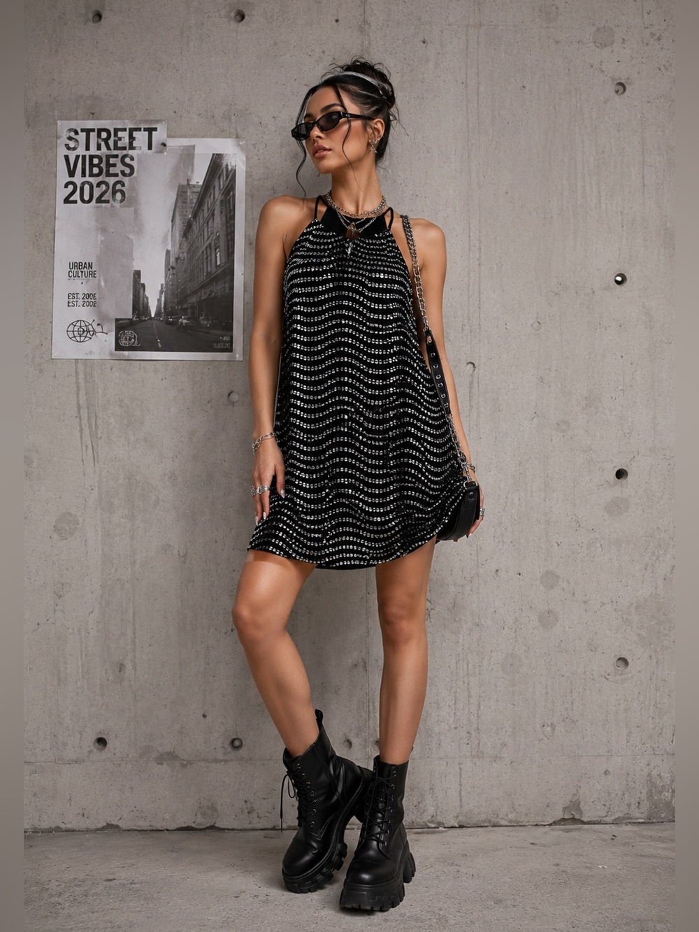 Everly Black Flowy & Flirty Sequined Halter Vacation Date Night  Dress (A)